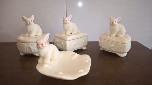 Easter Spring Candy Dish Nut Tray Set 4 Baby Bunny Rabbits Porcelain Bisque 3-4" - Picture 14 of 17