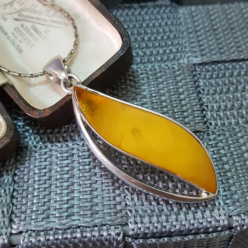 925 Пробы ожерелье, большой Butterscotch янтарь подвеска, польский клеймо  - Изображение 3 из 4