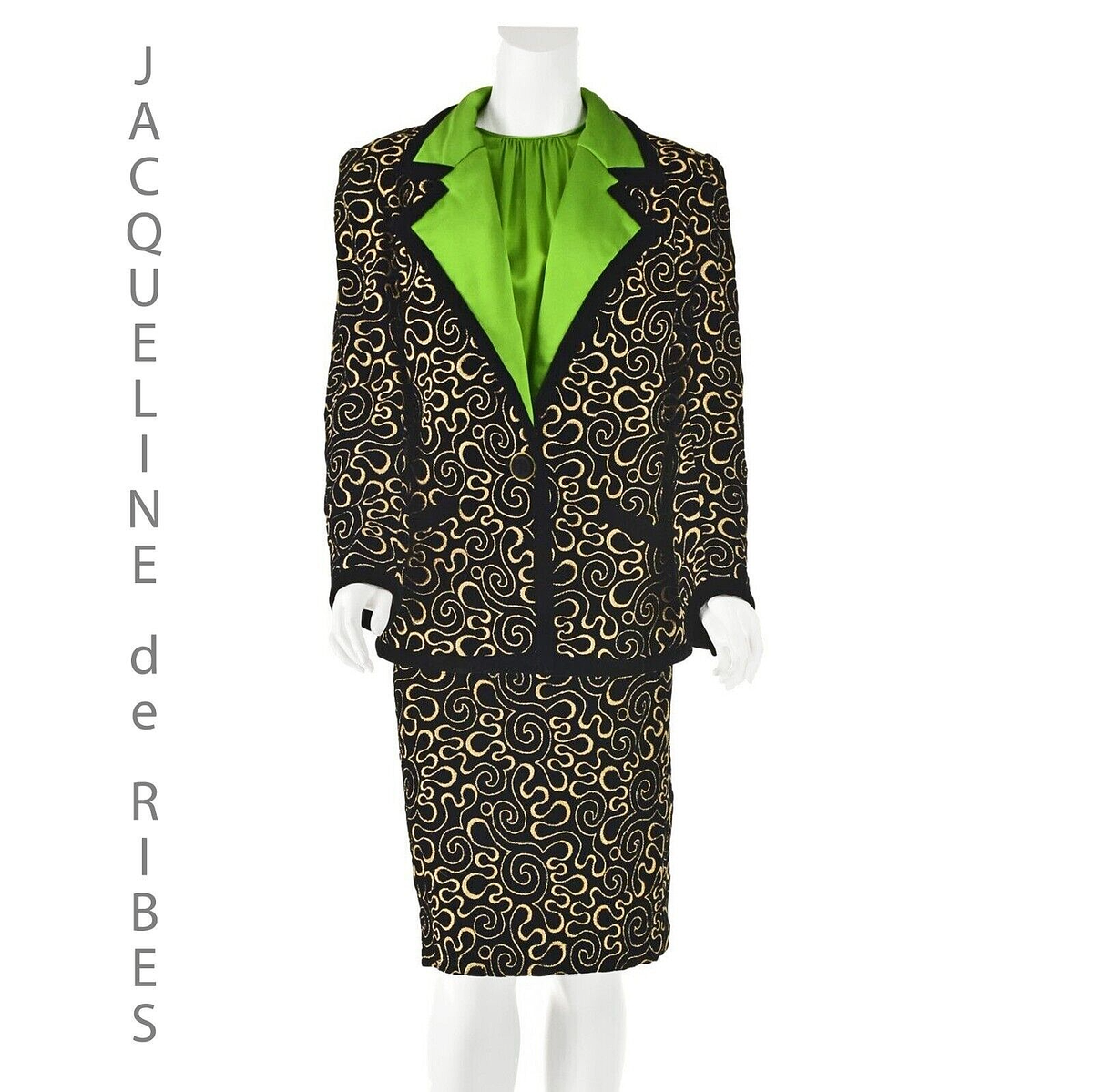 JACQUELINE de RIBES Vntg Black Velvet Gold Skirt Suit w/Green
