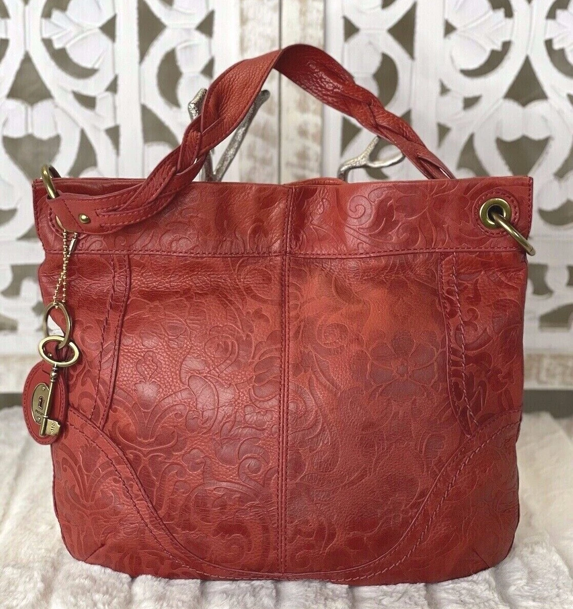 Tooled Leather Shoulder Tote - Red