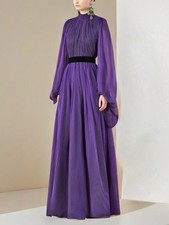 Luxury Purple Dress Stand Up Collar French Dress Lantern Sleeve Long Party Dress