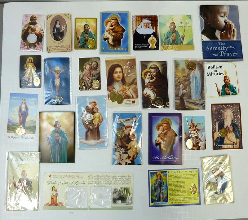Lot 25 CATHOLIC HOLY CARDS--MEDALS Attached or Embossed, Saints, Lourdes Water