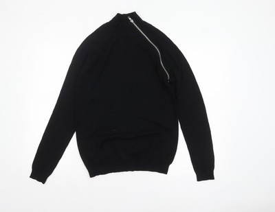 ASOS Damen Pullover Pulli schwarz Merinowolle Stehkragen Reißverschluss S