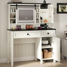 Farmhouse Vanity Desk with Sliding Mirror  Lights Makeup Vanity Table