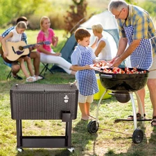 80QT Wicker Outdoor Rattan Picnic Party Rolling Cooler Frozen Cart Ice Bee Pinic