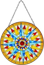 12" x 12" Vintage Style Round Sun Stained Glass Window Hanging Suncatcher Panel