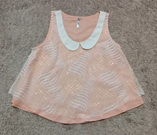 Flowy Crop Blouse Top Sz M Peachy Pink Peter Pan Collar Sequins Coquette Dainty