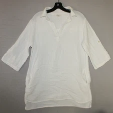 Elan Womens Top Medium White 3/4 Sleeve Roll Tab Relaxed Shirt Summer Fall READ