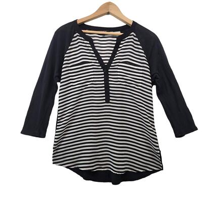 #ad Express Womens V Neck Raglan Sleeve Top Black White Stripe Mixed Media Size S $12.98