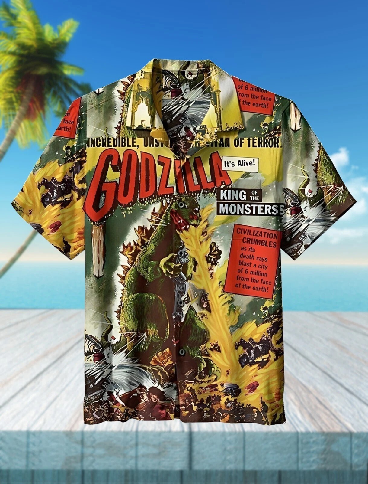 Vintage Godzilla King of Monsters Tropical Hibiscus 3D Hawaiian Shirt