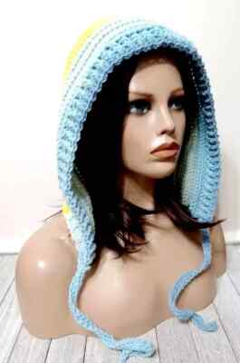 handmade crochet  womans pixie hat hood scoodie blue yellow USA