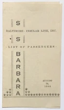 List Of Passenger SS Barbara '40 Baltimore Insular Line Philadelphia Puerto Rico