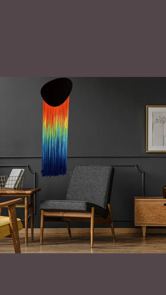 edle feine Makramee Textil Wandbehang 40x 130cm Regenbogen Design Garn Baumwolle - Bild 2 von 4