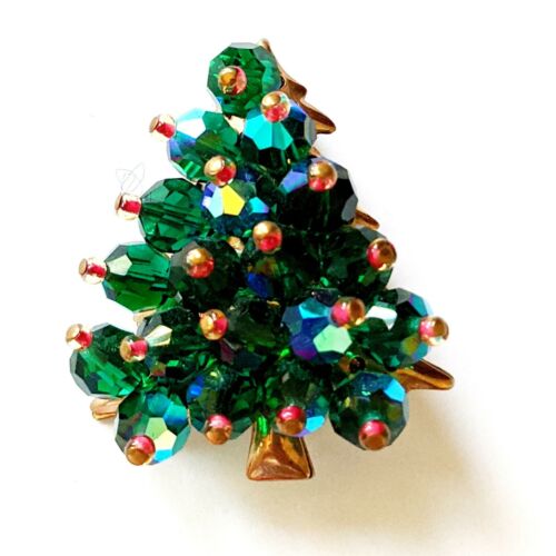 Christmas Tree Pin Vintage Holiday Brooch Gold Tone Red and Green Enamel Accents
