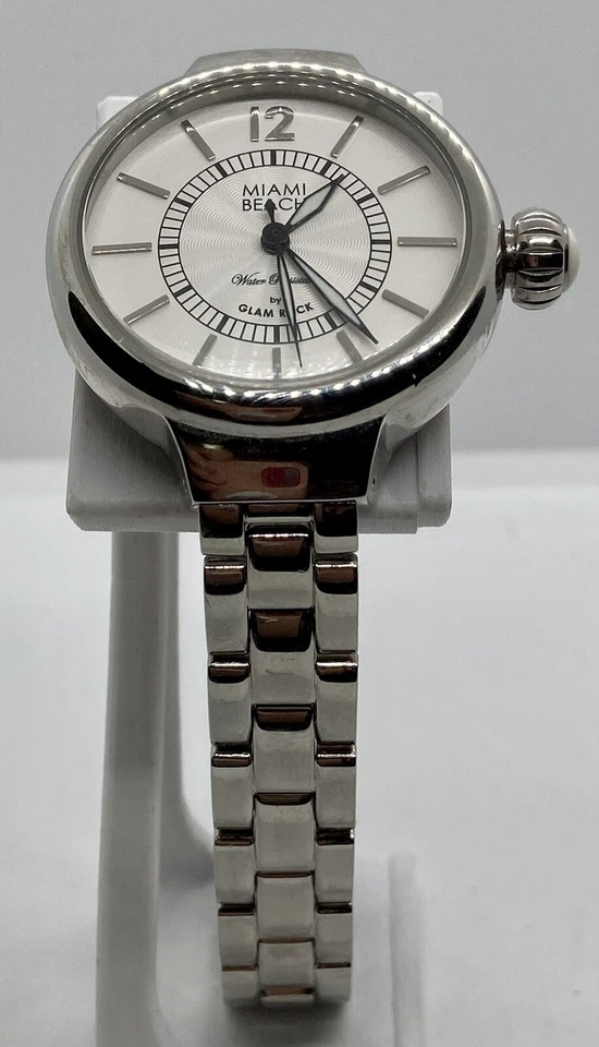 NEW MIAMI BEACH ART DECO Watch Silver Case Band Removable Links 7”-8” Glam Rock - Image 3 of 4