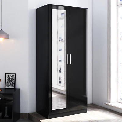 ELEGANT Black High Gloss 2 Doors Wardrobe Bedroom Furniture Storage With Hanging Rail
