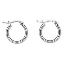 304L Stainless Steel Silver Hypo Allergenic 15.5mm Tubular Hinged Hoop Earrings