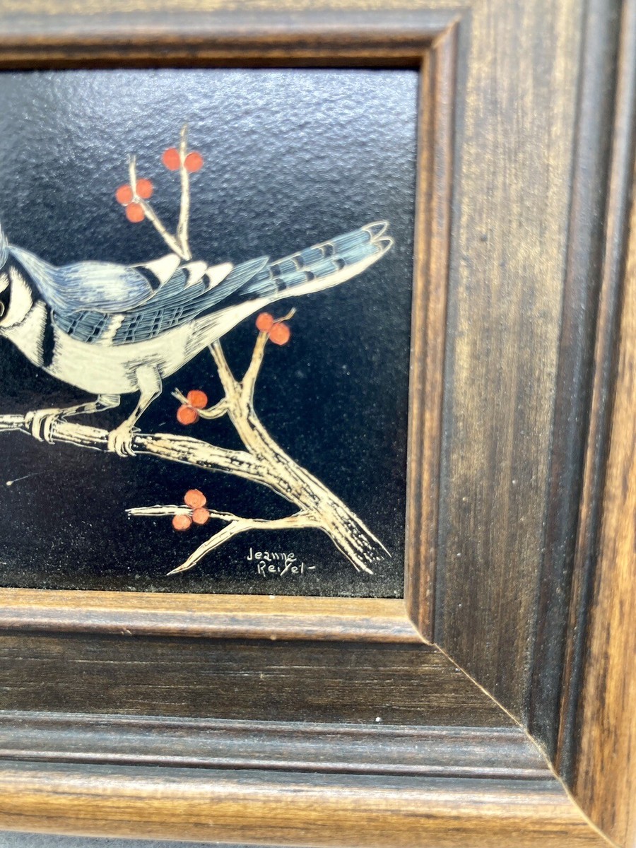 Vtg Jeanne Reifel Blue Jay Bird Flowers Scratchboard Small Art