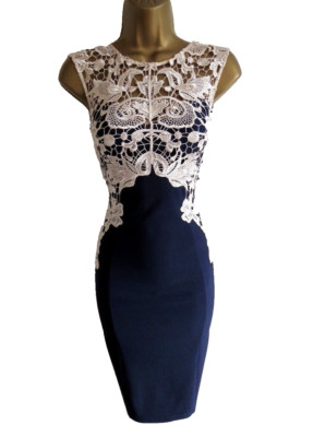 Lipsy Bodycon-Kleid marineblau weiß creme Größe 14 Party Spitze Anlass Hochzeit 