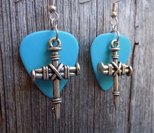 Bound Nails Cross Charm Guitar Pick Earrings with Surgical Steel Earwires - Picture 16 of 26