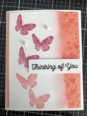 Card Set Of 4 Stampin Up Cameo Coral Butterflies Hearts THINKING OF YOU ...