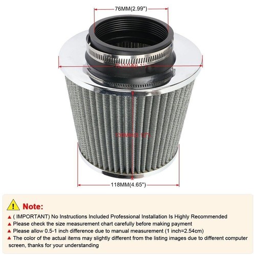 3" 76mm High Flow Inlet Cold Air Intake Cone Replacement Dry Air Filter Silver - Foto 12 di 13
