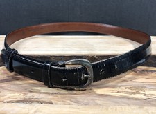 AKM Men s Black Leather Belt Imported Glazed Cowhide Size 38 / 96cm Silver Tone