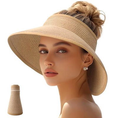 Sun Visor Hats for Women Straw Wide Brim Ponytail Beach Hat