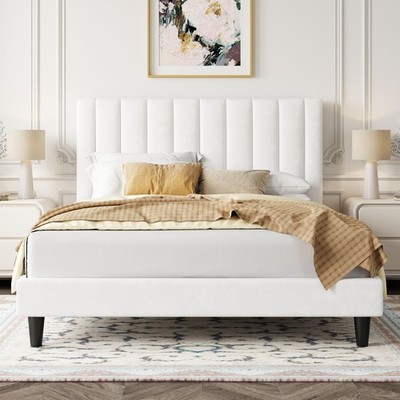 Queen Bed Frame/Velvet Upholstered Bed Frame with Vertical Channel Tufted Hea...