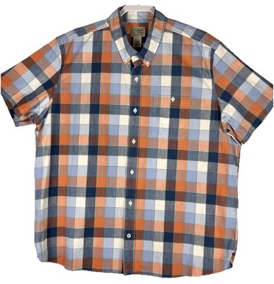 LL Bean S/S Button Shirt Cotton Blue Orange Plaid Slightly Fitted Men s XL