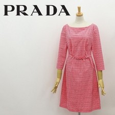 PRADA Belted Checkered Stretch Dress Red White 3/4 Sleeve Size 40 Milano