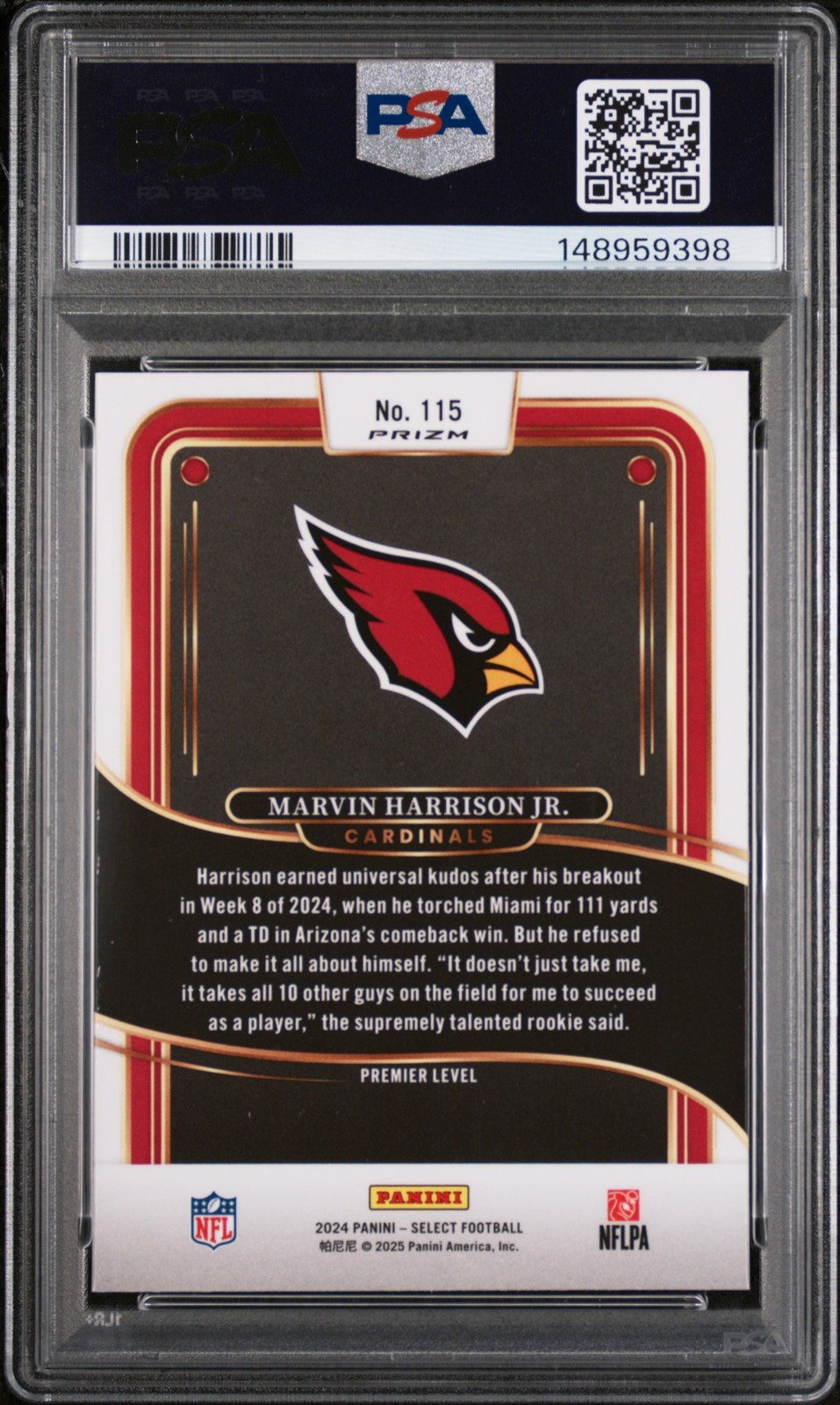 2024 PANINI SELECT COSMIC #115 MARVIN HARRISON JR. ROOKIE RC PSA 8 view 2