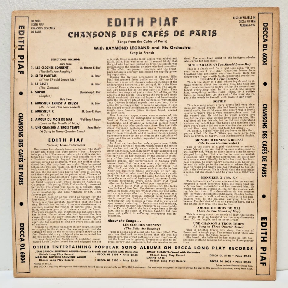 Edith Piaf – Chansons Des Cafés De Paris - Image 2 of 3