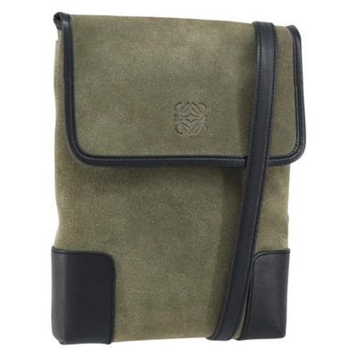 LOEWE Anagram Shoulder Bag Suede Leather Gray Gold Auth 152120