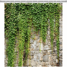 Stone Brick Wall Shower Curtain Green Leaves Garden Landscape Nature Plant Scene