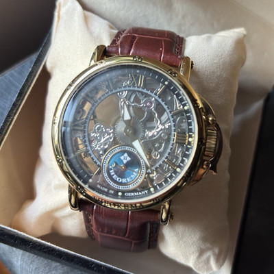 Theorema Casablanca Skeleton Automatic Watch w/Gold Tone Brown Leather Strap