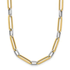 14k Yellow Gold w White Rhodium Polished and Textured Fancy Link Necklace
