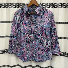 Lauren Ralph Lauren Petite Paisley Button Down Shirt PL Blue Pink Cotton
