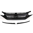 Fit 2016-2018 Honda Civic Front Hood Mesh Grille Glossy Black w moldings 3pc set