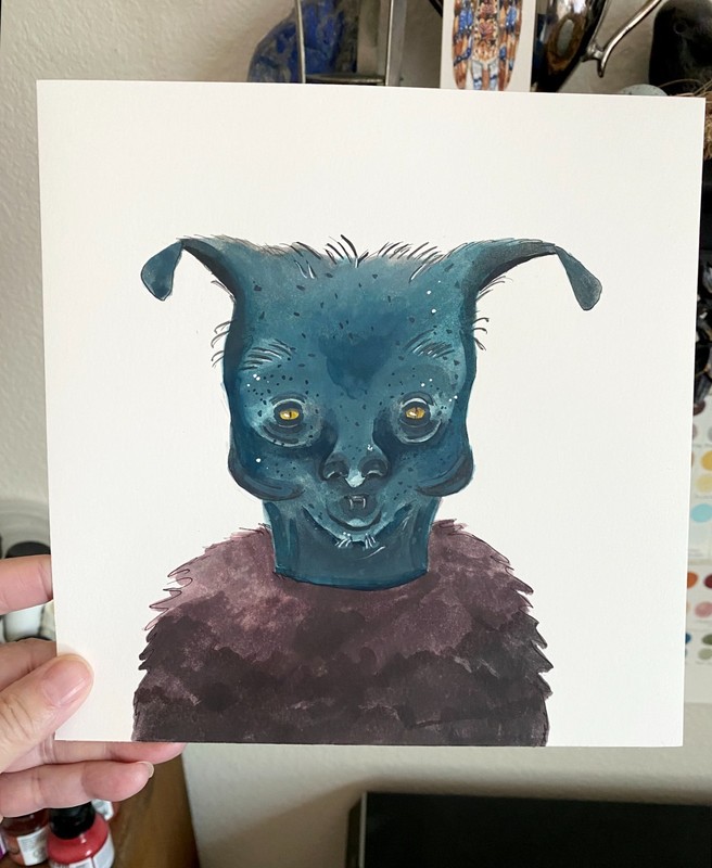 Original watercolor painting Goblin 8” x 8" Signed