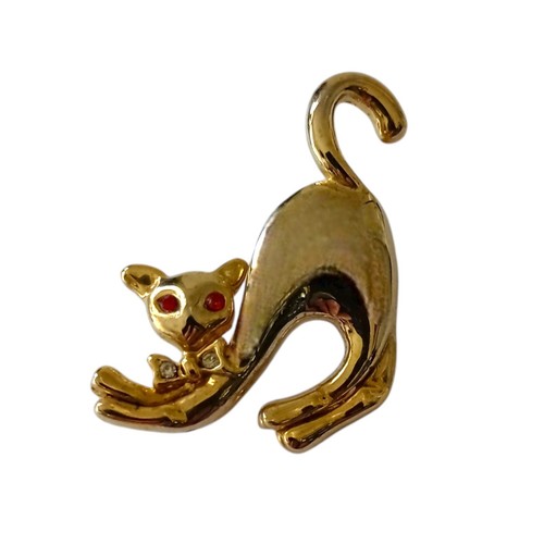 MCM Freche Katze Brosche Anstecknadel Stretching Vintage flüssig goldfarben rot Strass Augen - Bild 5 von 14