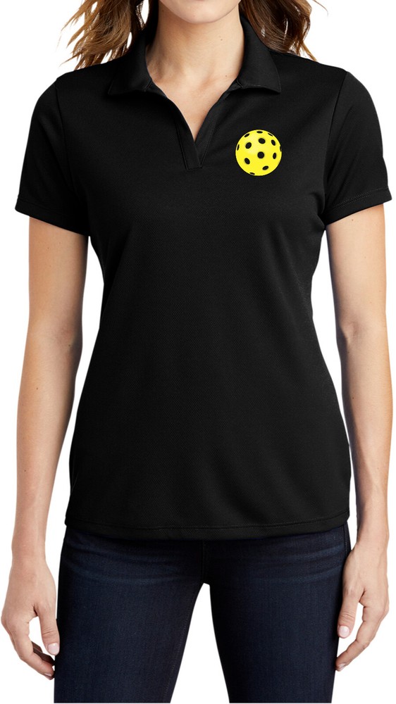 Pickleball Yellow Ball Chest Print Ladies Textured Polo Shirt