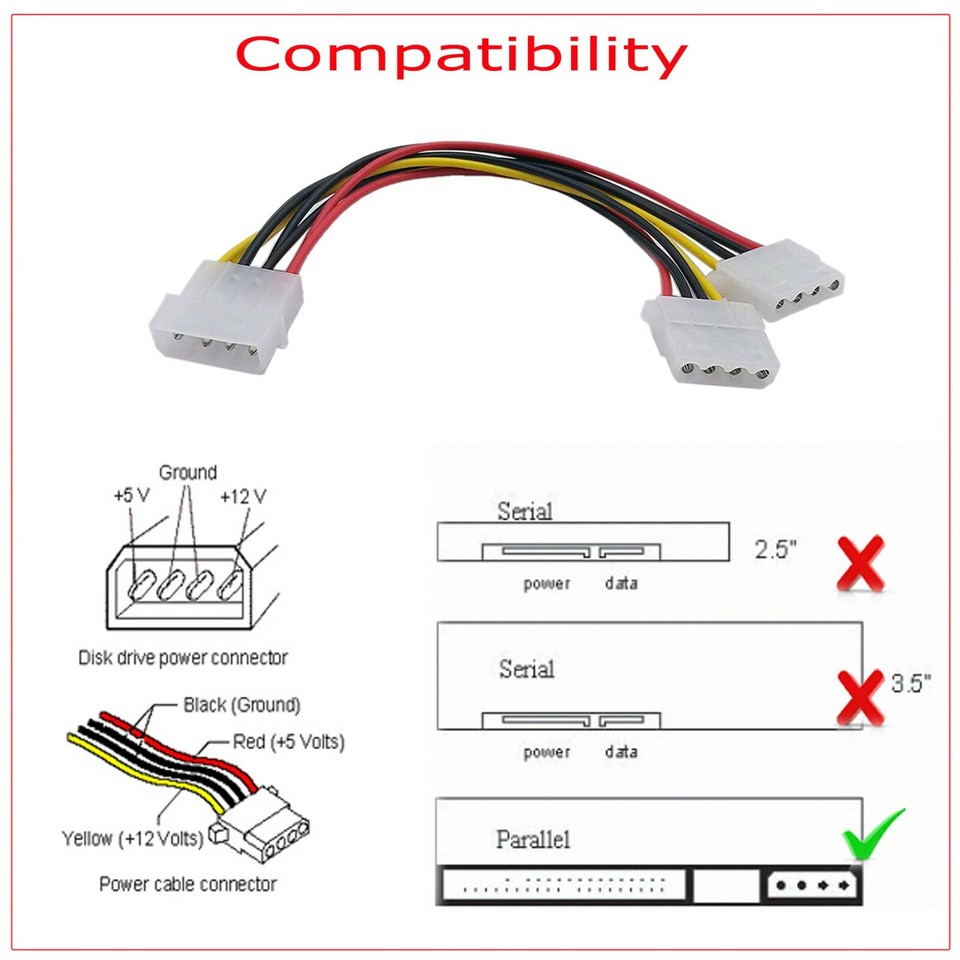 4-Pin Molex Y-Splitter Cable – 1 Male To 2 Female, IDE Power Adapter, 8 Inch (2-Pack)
