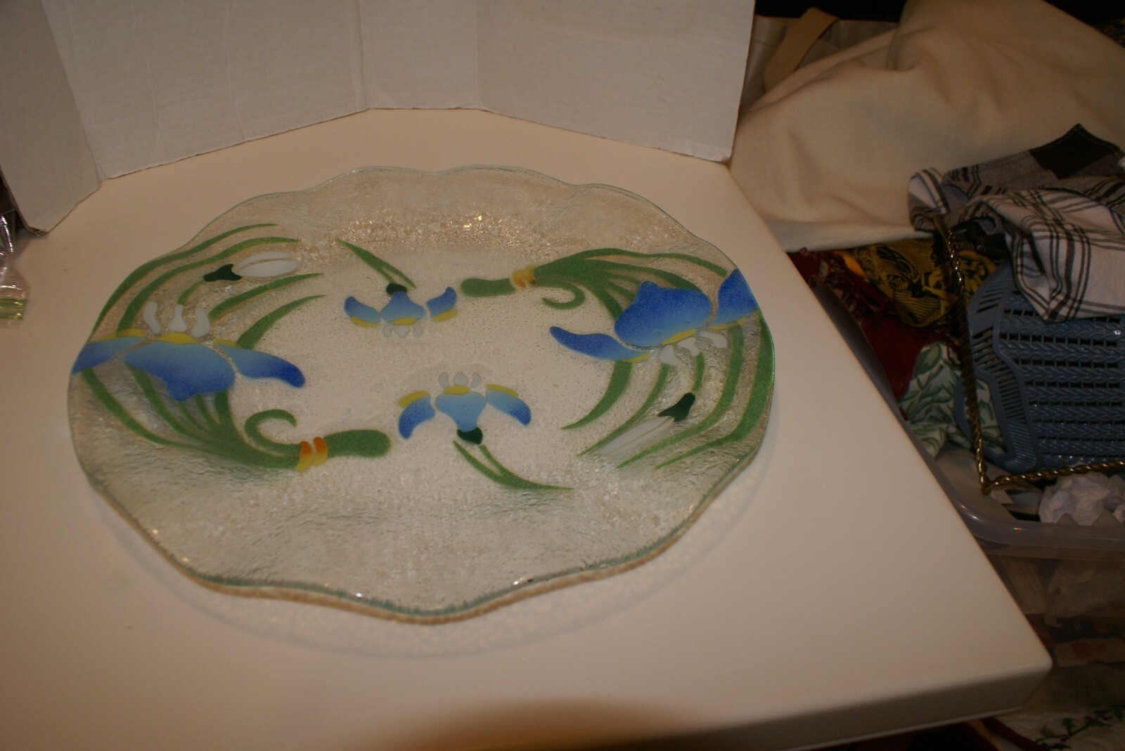 Vintage Sydenstricker ART GLASS 14" PLATE Fused BLUE JAPANESE Iris