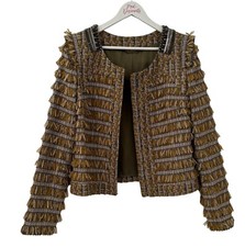 Matthew Williamson Bnwt Tan Beige Tweed Fringe Embellished Jacket Blazer Size 12
