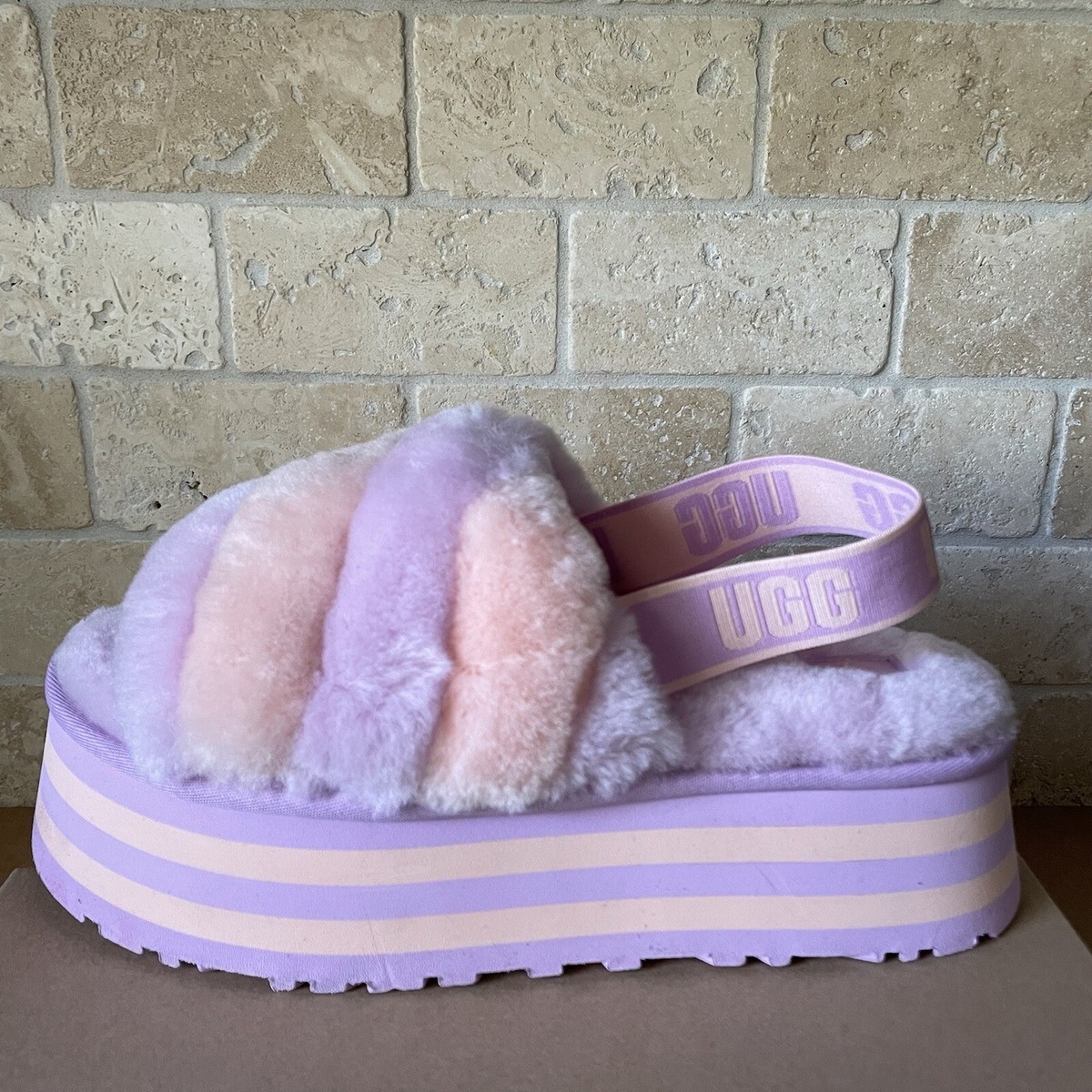 UGG DISCO STRIPE COMBO FLUFF PRIMROSE PINK SLIDE SANDALS SLIPPERS