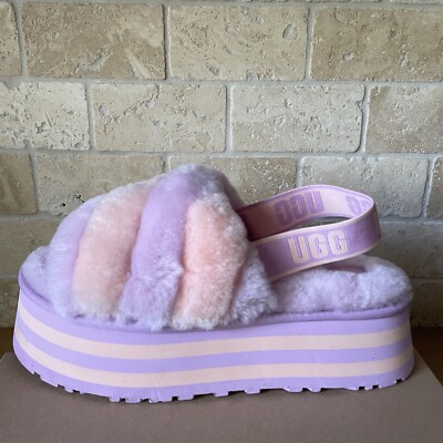UGG DISCO STRIPE COMBO FLUFF PRIMROSE PINK SLIDE SANDALS SLIPPERS