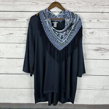 Catherines Shirt Womens 2X Blue Handkerchief Western Knit Flowy Tassel Rodeo