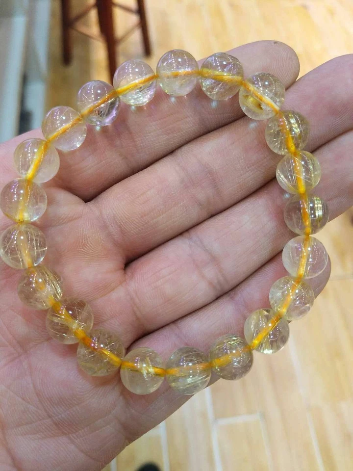 Pulsera de cuentas de cristal natural oro titanio rutilado AAA 10,5-9,5 mm Foto 4 de 4