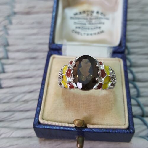 925 Sterling Silver Ring, Smoky Quartz Gem Ring, Enamel Lotus, Size O.5 US 7.5 - Picture 3 of 7